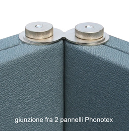 Giunzione fra 2 pannelli divisori Phonotex con piastrine nichelate